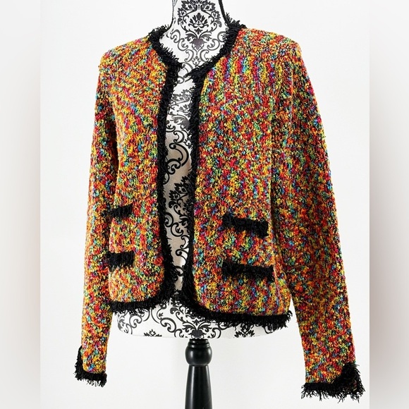 Christine Rotelli Multicolor Boucle Knit Fringe Trim Sweater Artistic Designer - Picture 2 of 10